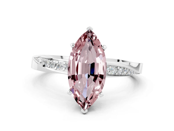 Silver Marquise Cut Morganite Engagement Ring with Side Stone Accents and Four-Prong Setting