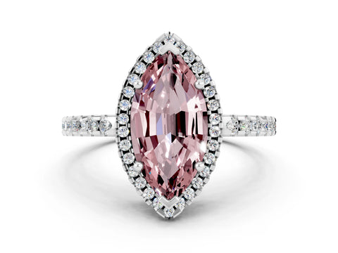 White gold Marquise Cut Morganite Halo Engagement Ring with Pavé Band and Prong Setting_12