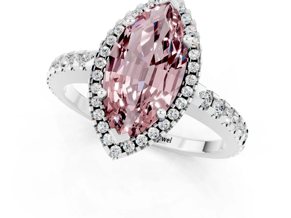 Silver Marquise Cut Morganite Halo Engagement Ring with Pavé Band and Prong Setting
