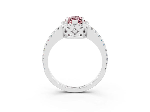 Platinum Marquise Cut Morganite Halo Engagement Ring with Pavé Band and Prong Setting