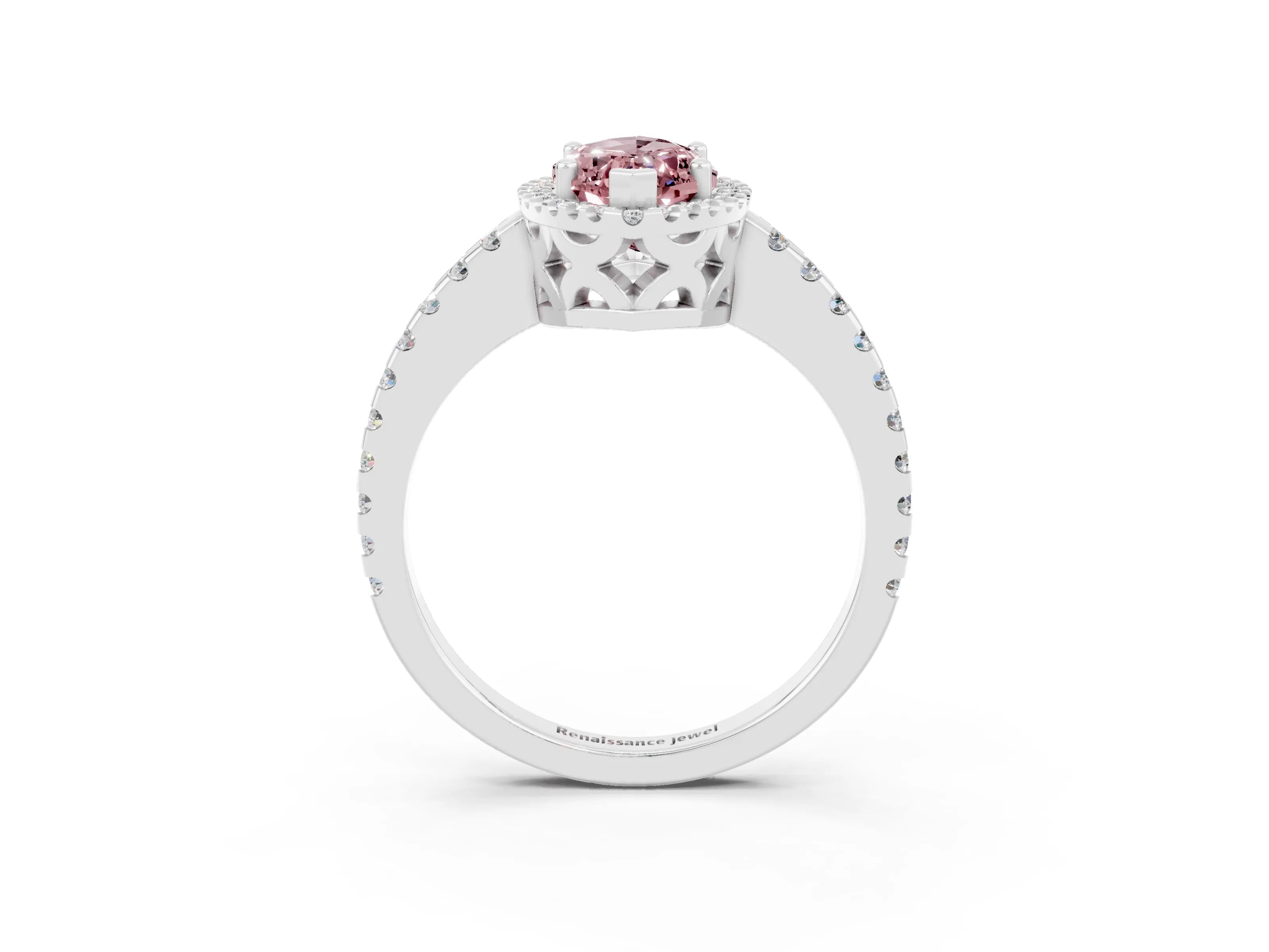 White gold Marquise Cut Morganite Halo Engagement Ring with Pavé Band and Prong Setting_15