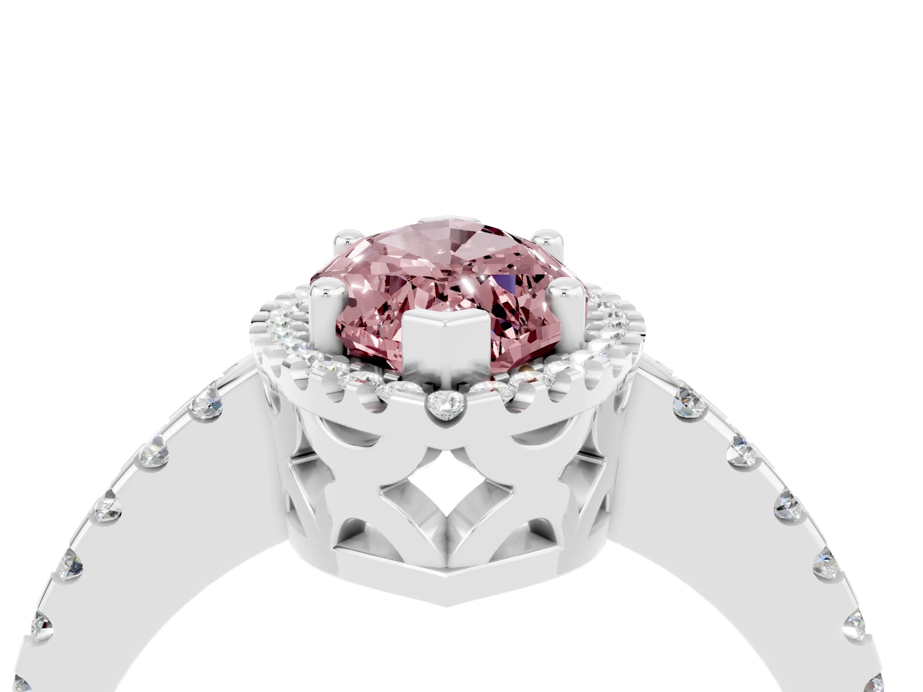 White gold Marquise Cut Morganite Halo Engagement Ring with Pavé Band and Prong Setting_16