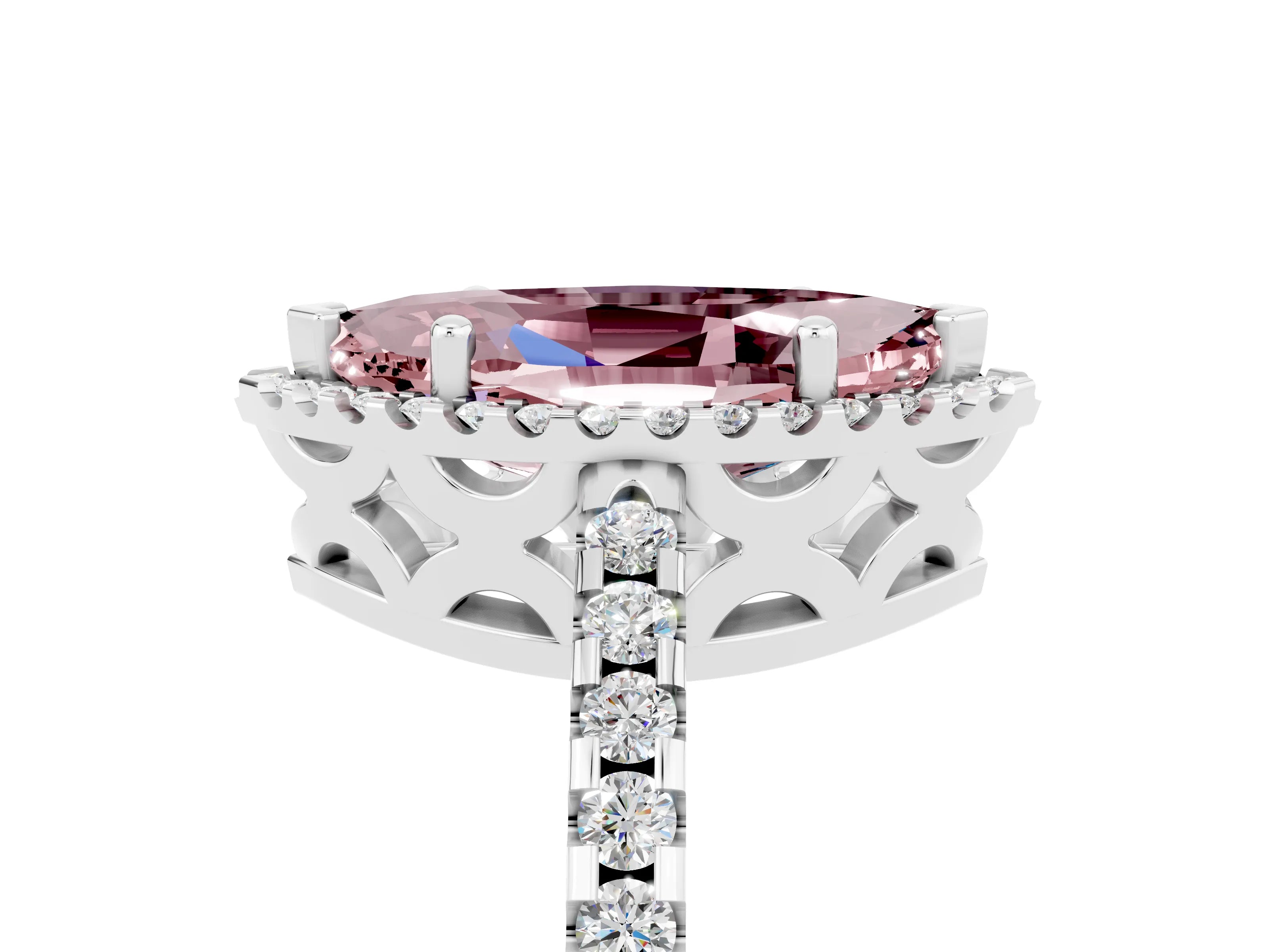White gold Marquise Cut Morganite Halo Engagement Ring with Pavé Band and Prong Setting_17