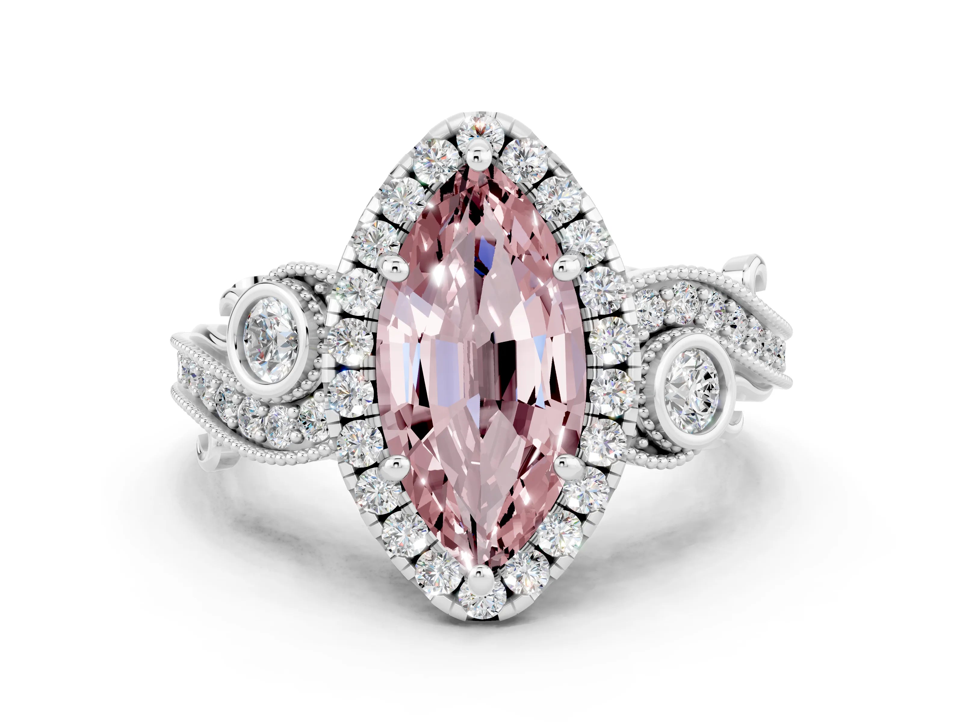 White gold Marquise Cut Morganite Halo Ring with Milgrain Pavé Band and Four-Prong Setting_12