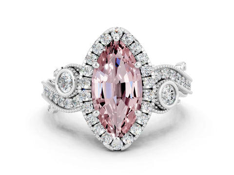 White gold Marquise Cut Morganite Halo Ring with Milgrain Pavé Band and Four-Prong Setting_12