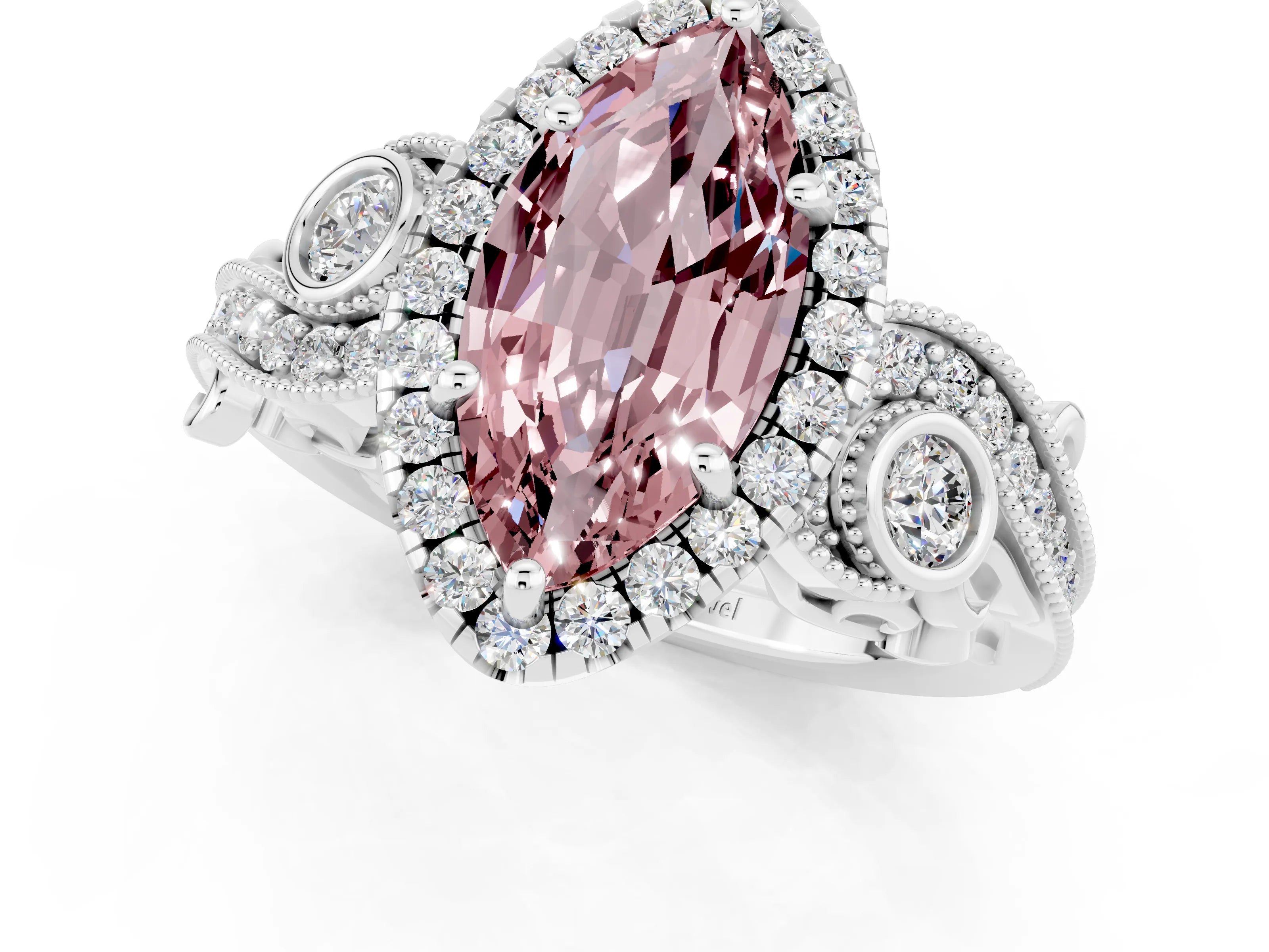 White gold Marquise Cut Morganite Halo Ring with Milgrain Pavé Band and Four-Prong Setting_13