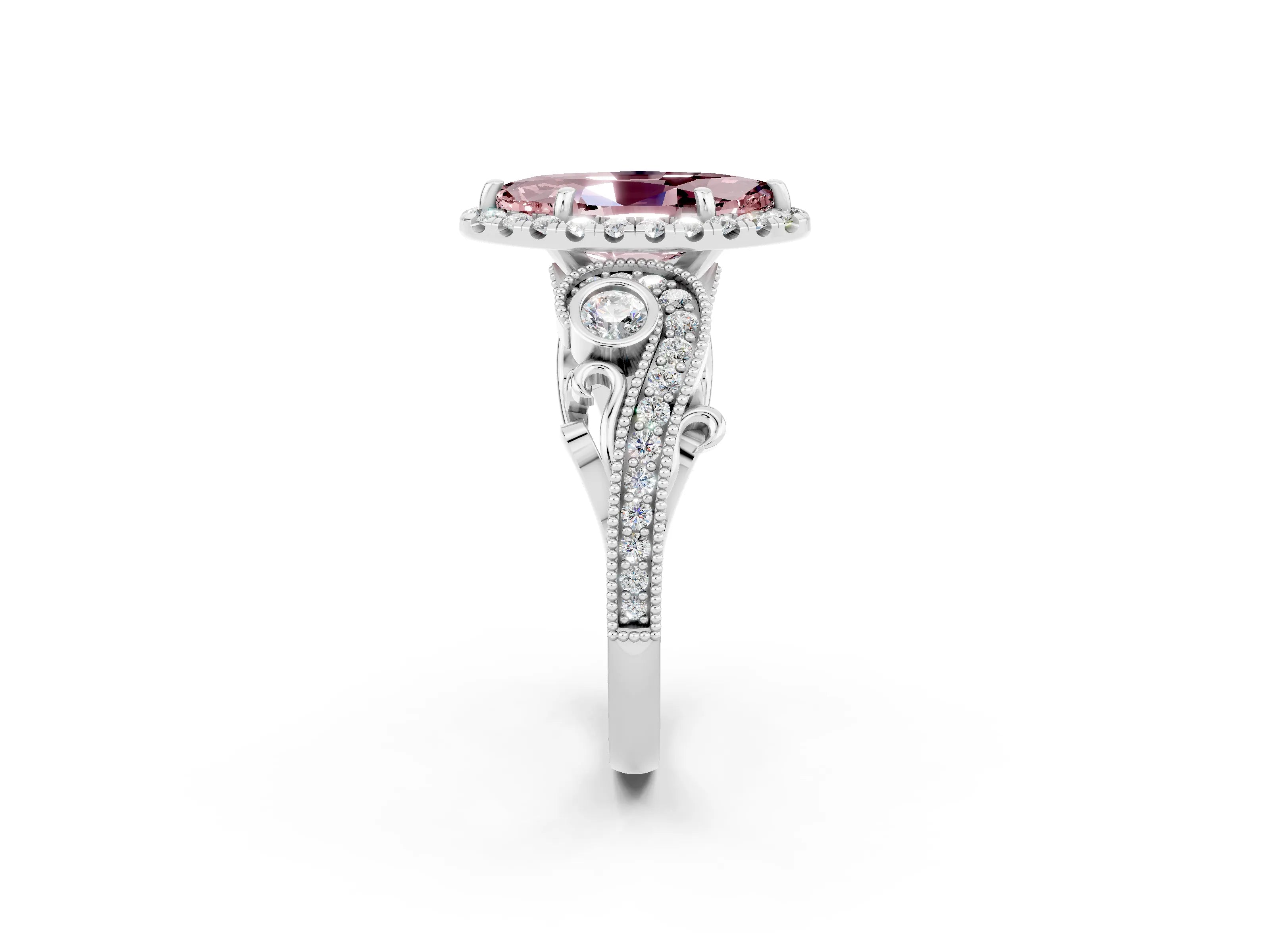 White gold Marquise Cut Morganite Halo Ring with Milgrain Pavé Band and Four-Prong Setting_14