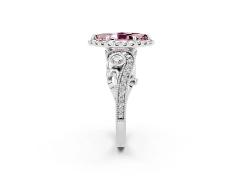 White gold Marquise Cut Morganite Halo Ring with Milgrain Pavé Band and Four-Prong Setting_14