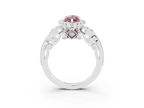 White gold Marquise Cut Morganite Halo Ring with Milgrain Pavé Band and Four-Prong Setting