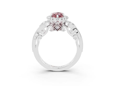 White gold Marquise Cut Morganite Halo Ring with Milgrain Pavé Band and Four-Prong Setting_15