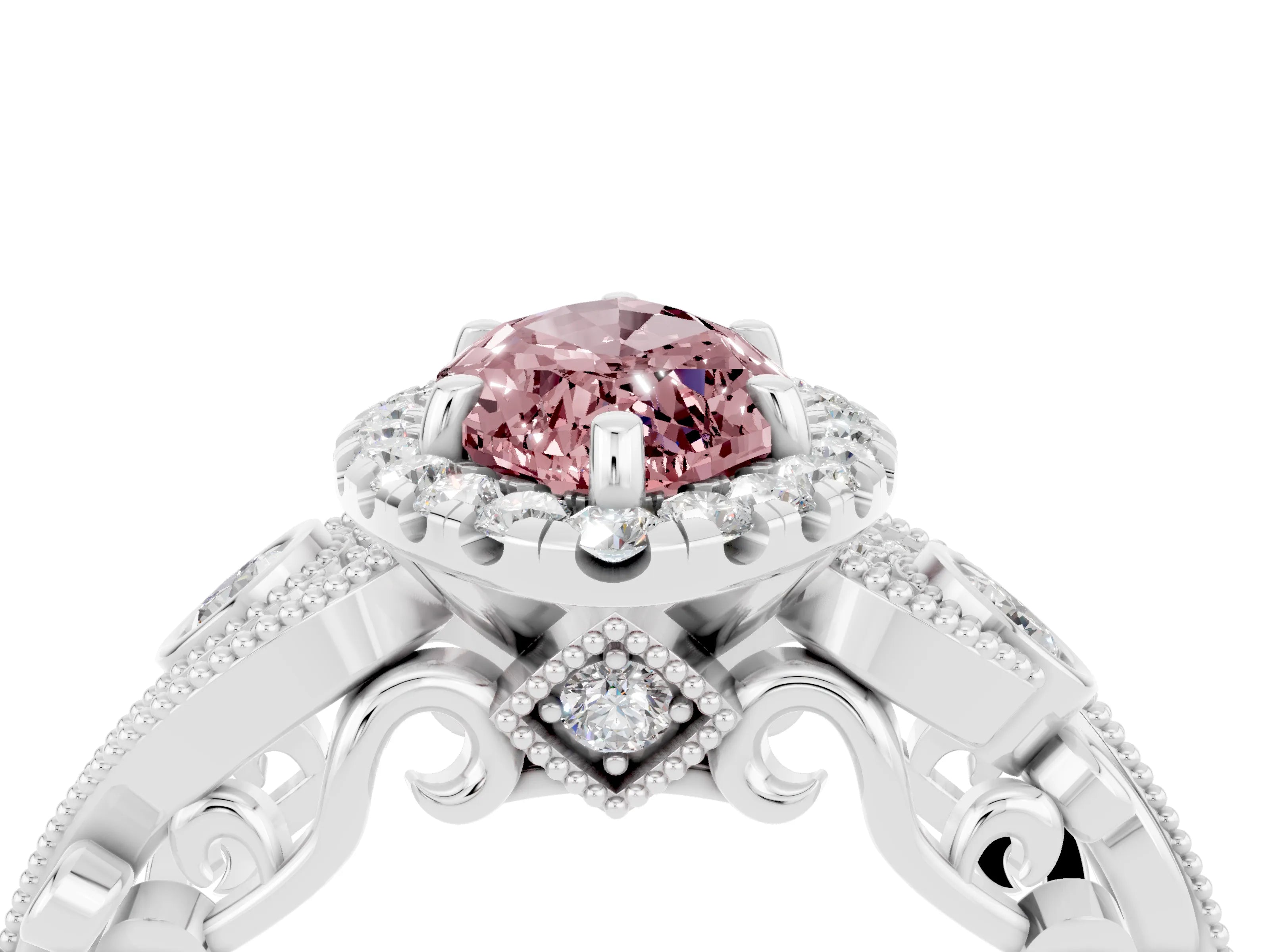 White gold Marquise Cut Morganite Halo Ring with Milgrain Pavé Band and Four-Prong Setting_16