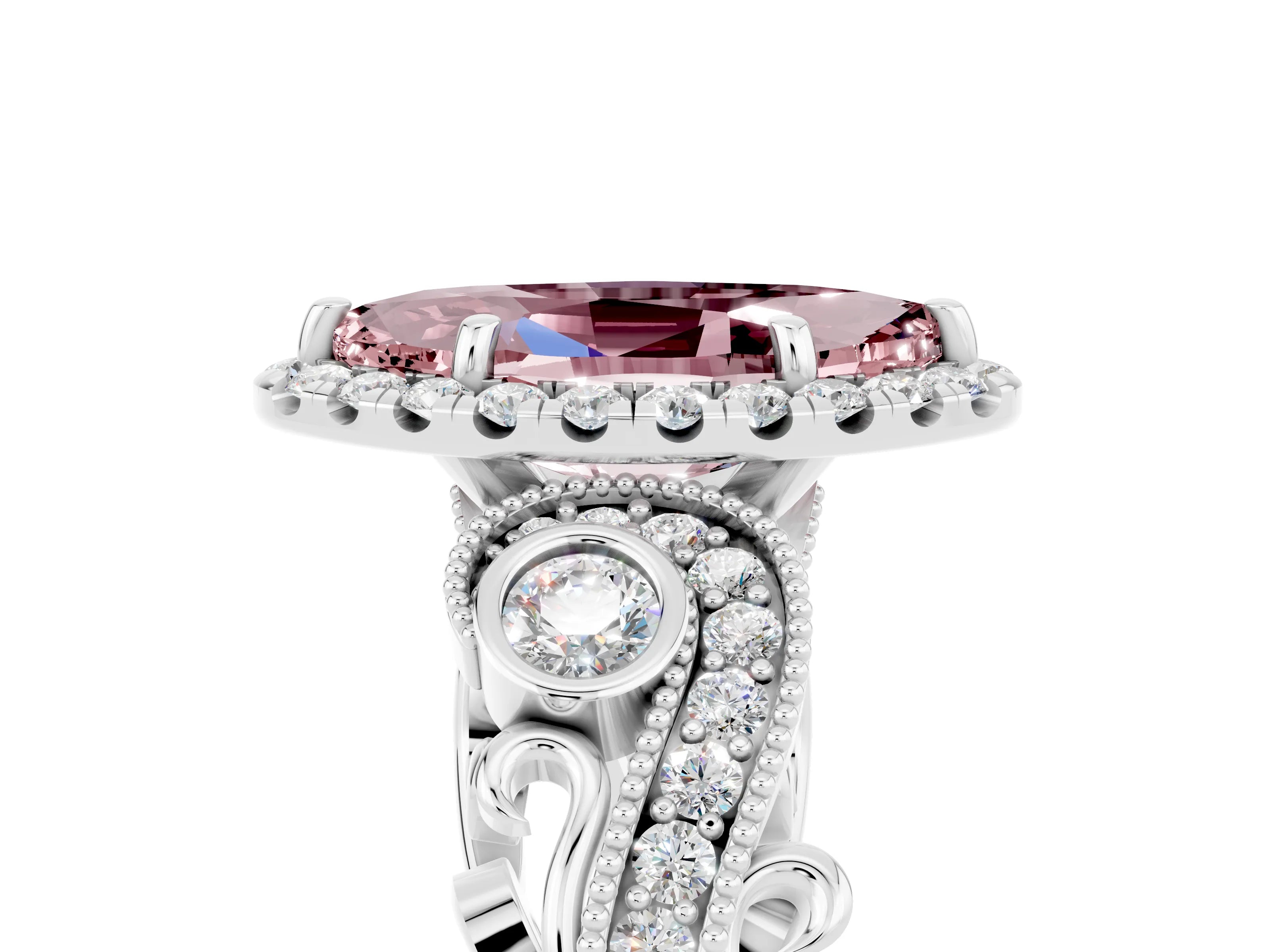 White gold Marquise Cut Morganite Halo Ring with Milgrain Pavé Band and Four-Prong Setting_17