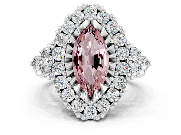 Platinum Marquise Cut Morganite Halo Ring with Pavé Band and Four-Prong Setting