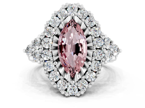 White gold Marquise Cut Morganite Halo Ring with Pavé Band and Four-Prong Setting_12