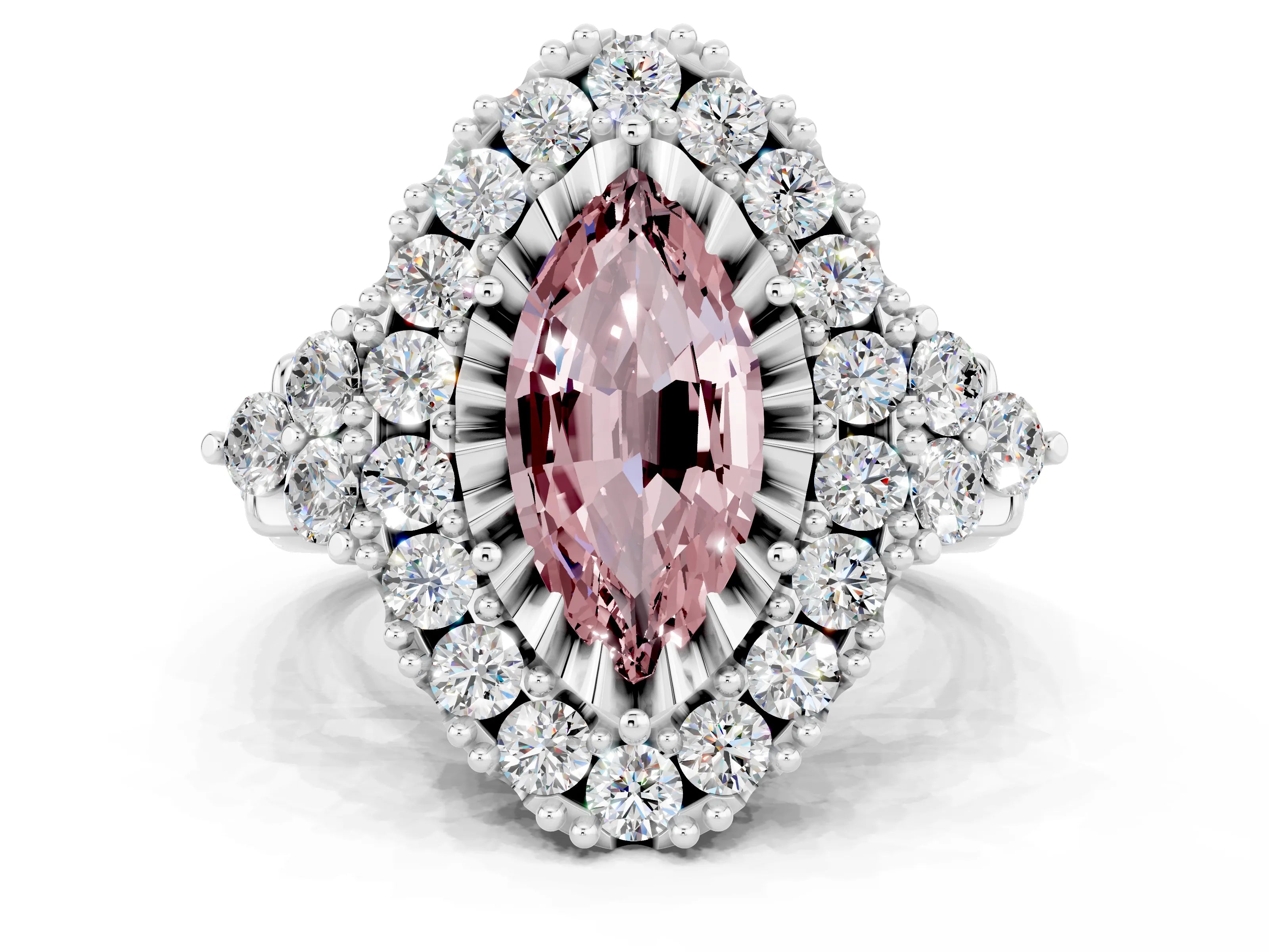 White gold Marquise Cut Morganite Halo Ring with Pavé Band and Four-Prong Setting_12