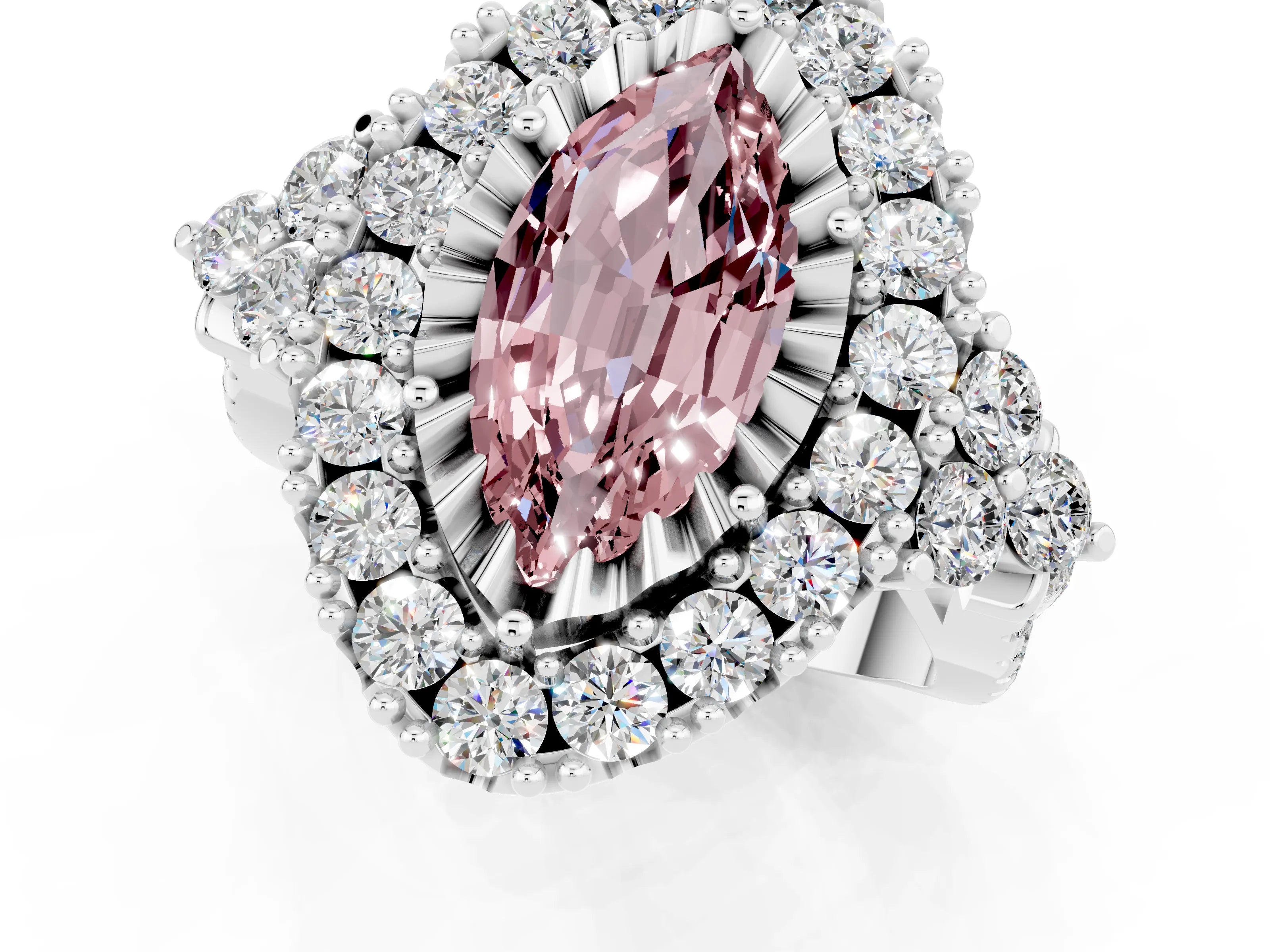 White gold Marquise Cut Morganite Halo Ring with Pavé Band and Four-Prong Setting_13