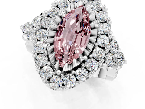 White gold Marquise Cut Morganite Halo Ring with Pavé Band and Four-Prong Setting_13