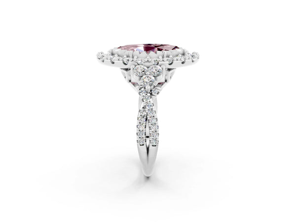 Platinum Marquise Cut Morganite Halo Ring with Pavé Band and Four-Prong Setting