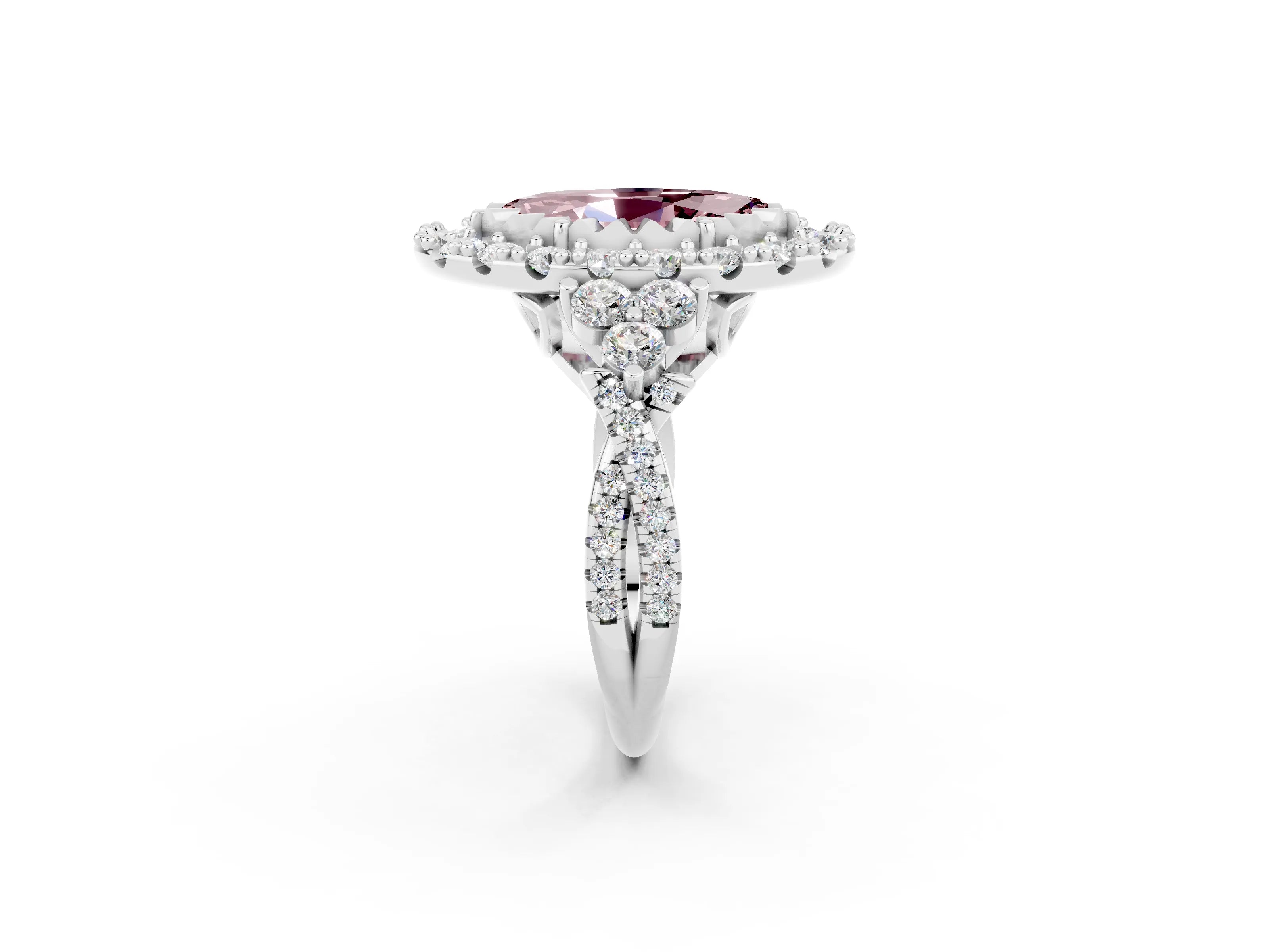 White gold Marquise Cut Morganite Halo Ring with Pavé Band and Four-Prong Setting_14