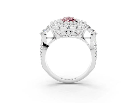 White gold Marquise Cut Morganite Halo Ring with Pavé Band and Four-Prong Setting_15