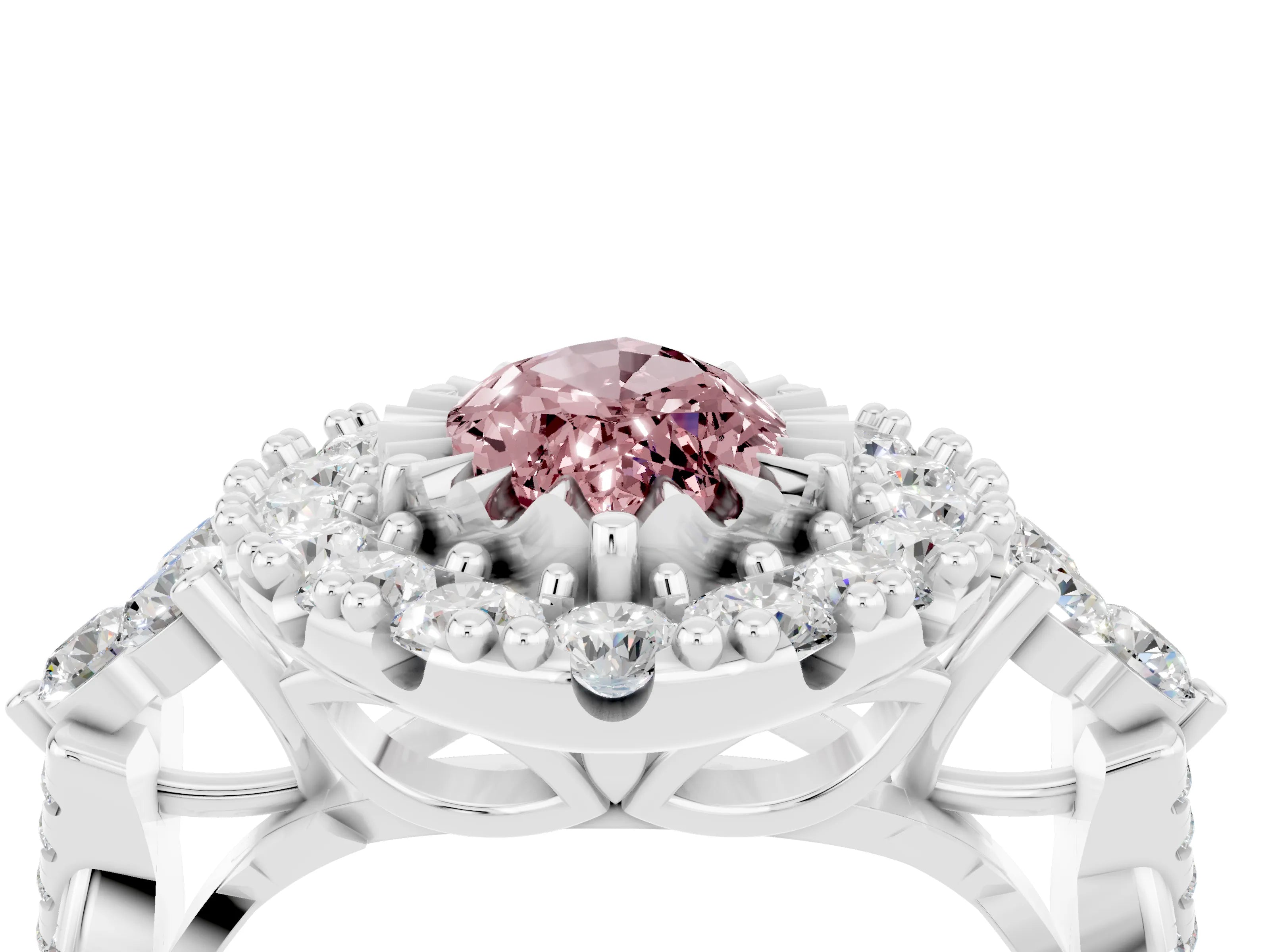 White gold Marquise Cut Morganite Halo Ring with Pavé Band and Four-Prong Setting_16