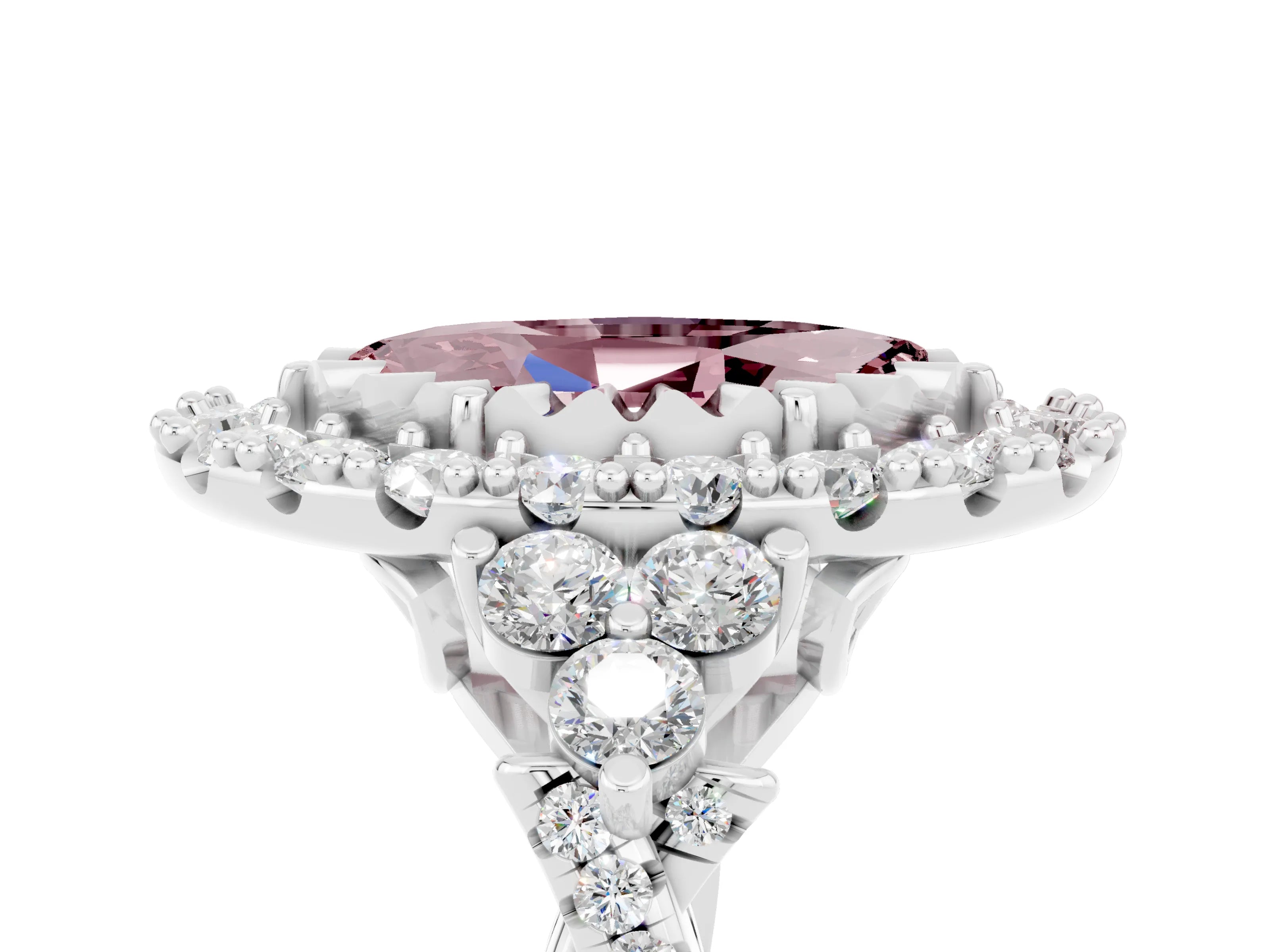 White gold Marquise Cut Morganite Halo Ring with Pavé Band and Four-Prong Setting_17