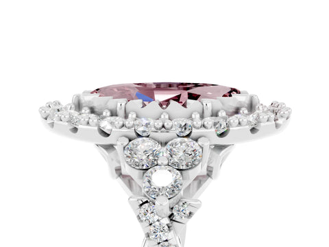 White gold Marquise Cut Morganite Halo Ring with Pavé Band and Four-Prong Setting_17
