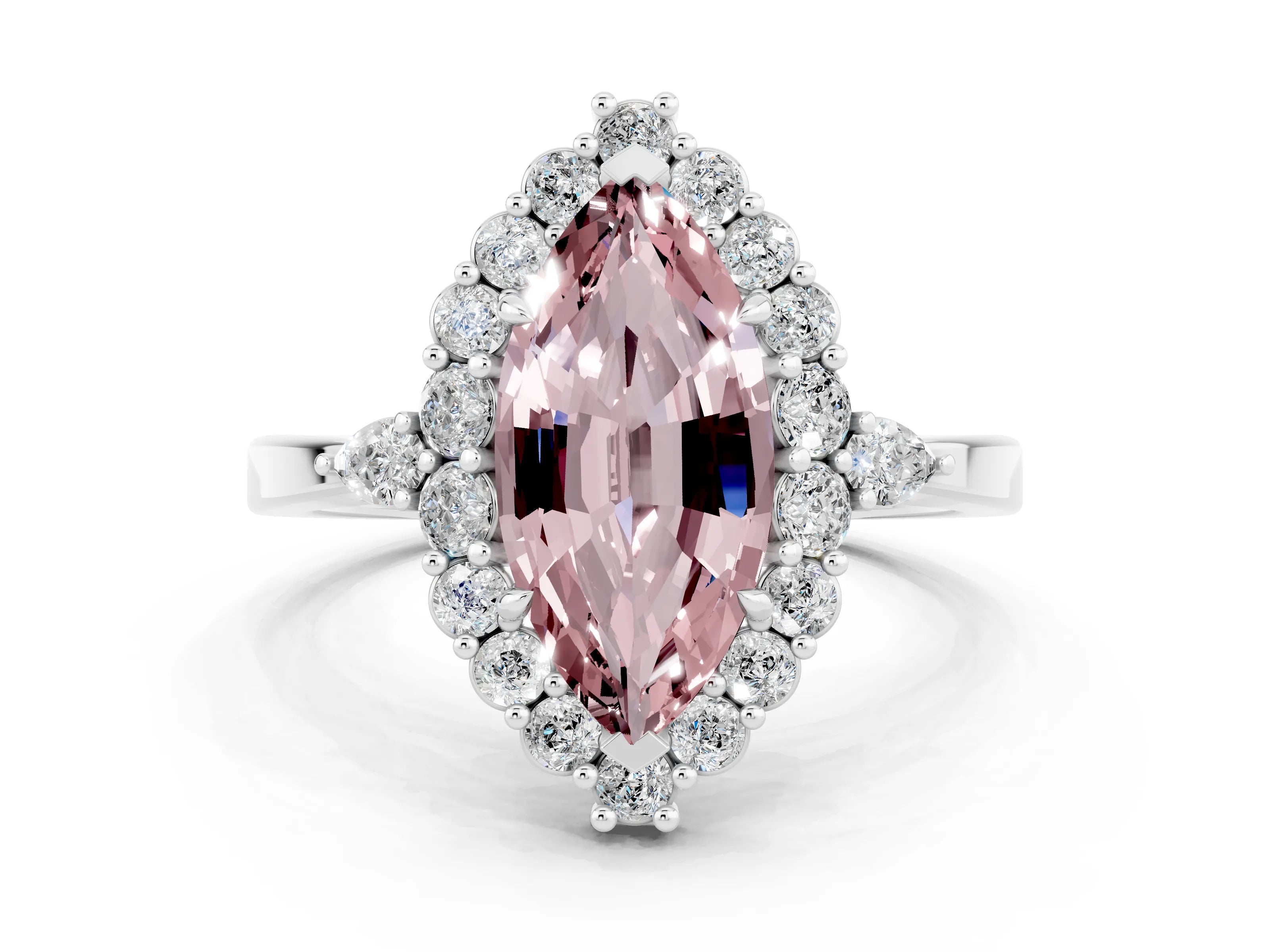 White gold Marquise Cut Morganite Halo Ring with Pear Side Stones and Prong Setting_24