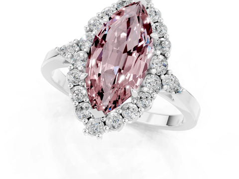 White gold Marquise Cut Morganite Halo Ring with Pear Side Stones and Prong Setting_25