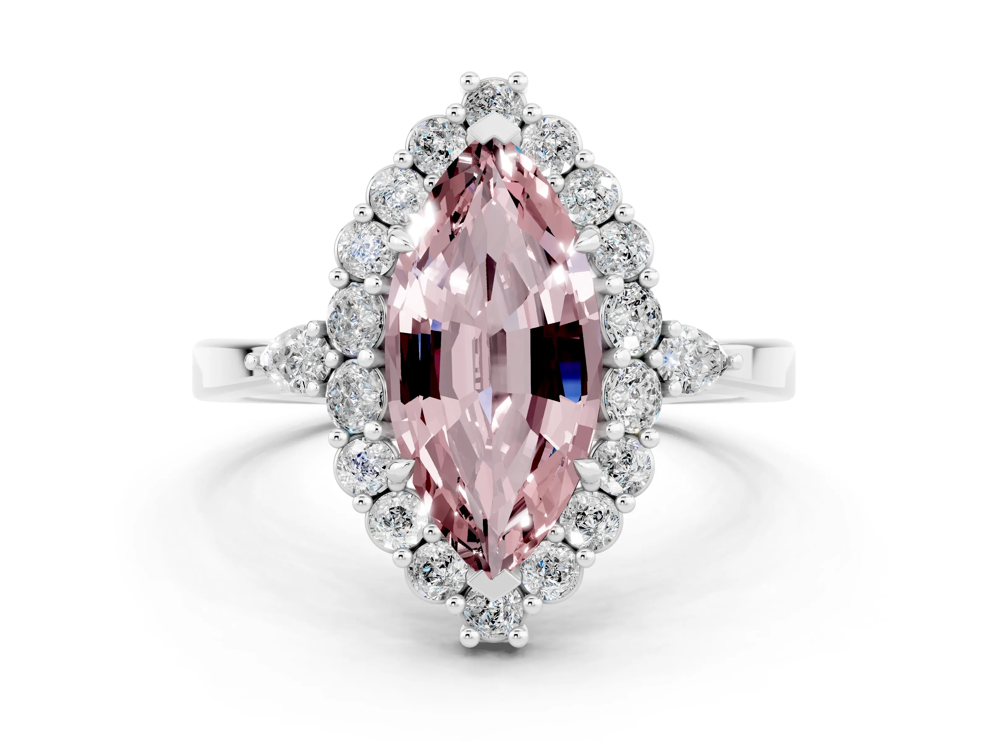 White gold Marquise Cut Morganite Halo Ring with Pear Side Stones and Prong Setting_30