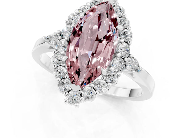 White gold Marquise Cut Morganite Halo Ring with Pear Side Stones and Prong Setting