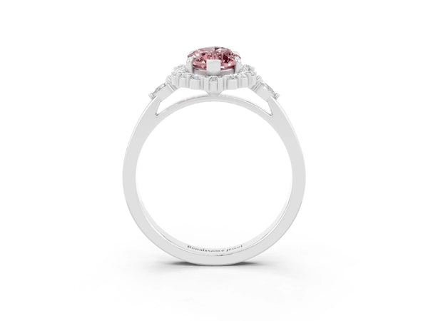 White gold Marquise Cut Morganite Halo Ring with Pear Side Stones and Prong Setting