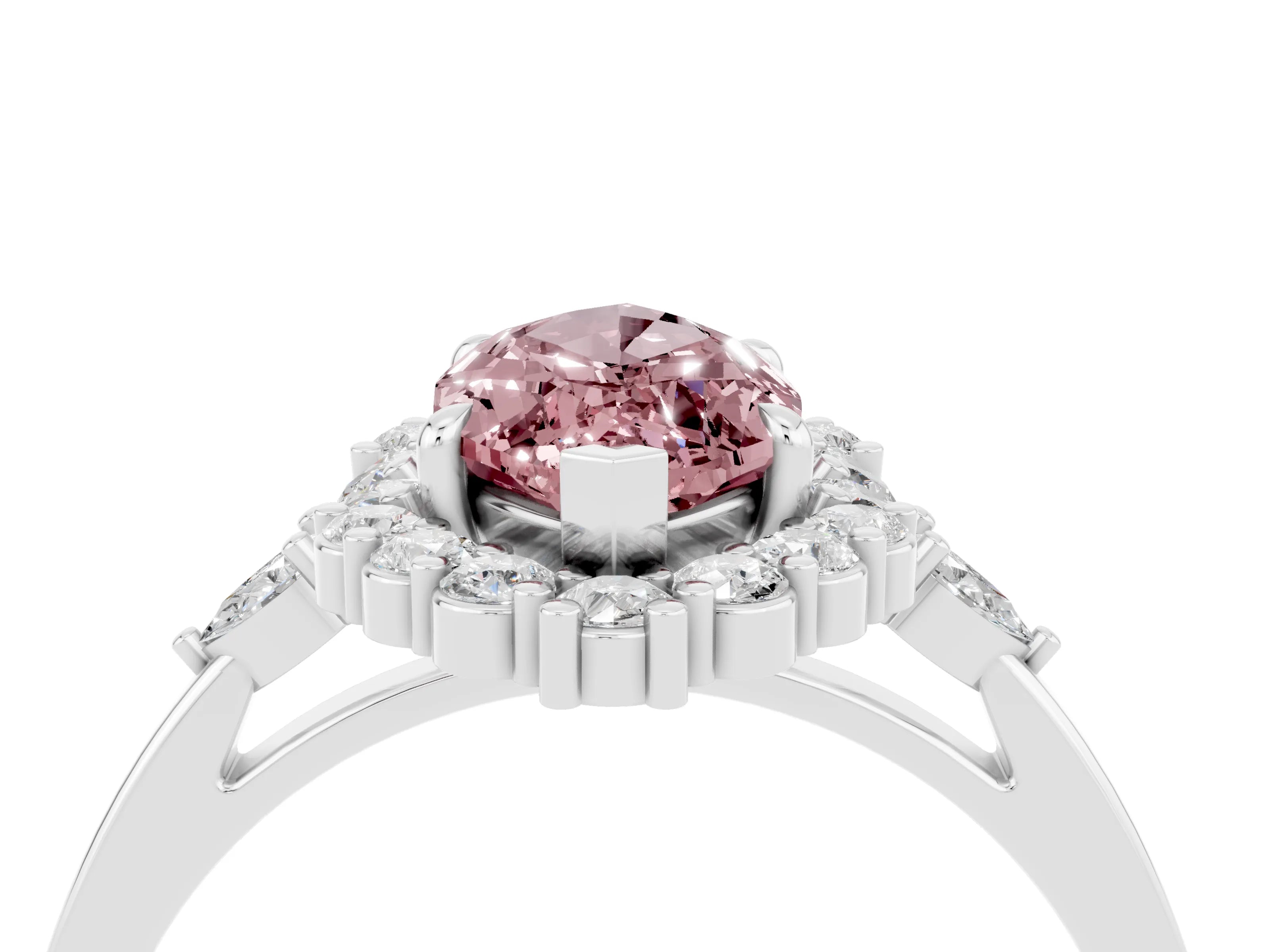 White gold Marquise Cut Morganite Halo Ring with Pear Side Stones and Prong Setting_34