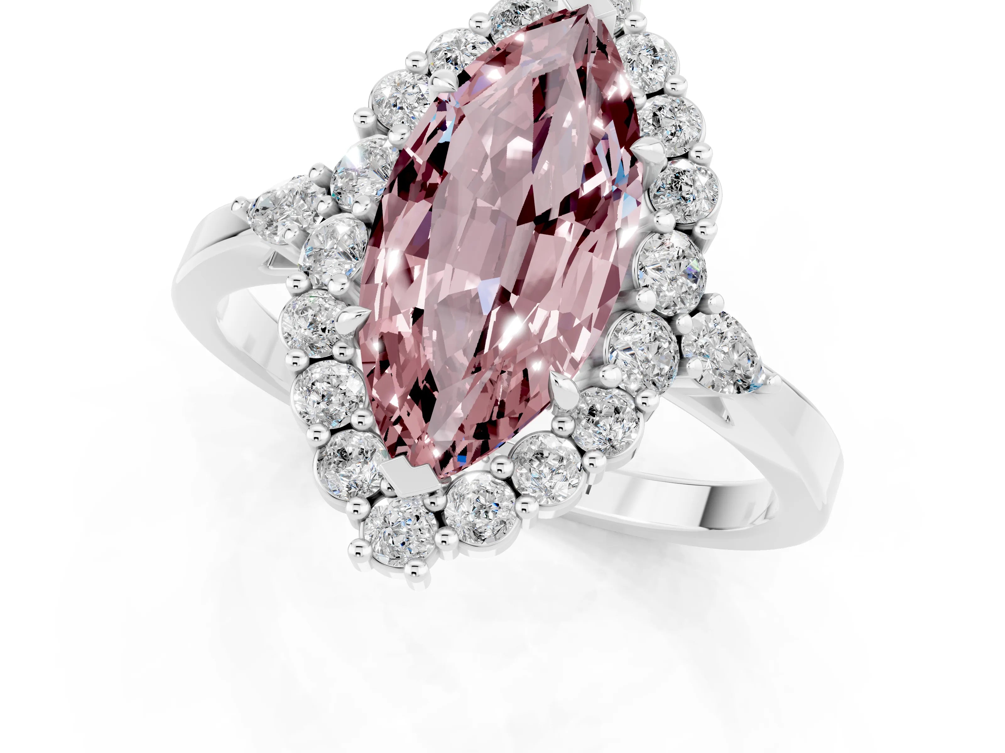 White gold Marquise Cut Morganite Halo Ring with Pear Side Stones and Prong Setting_35