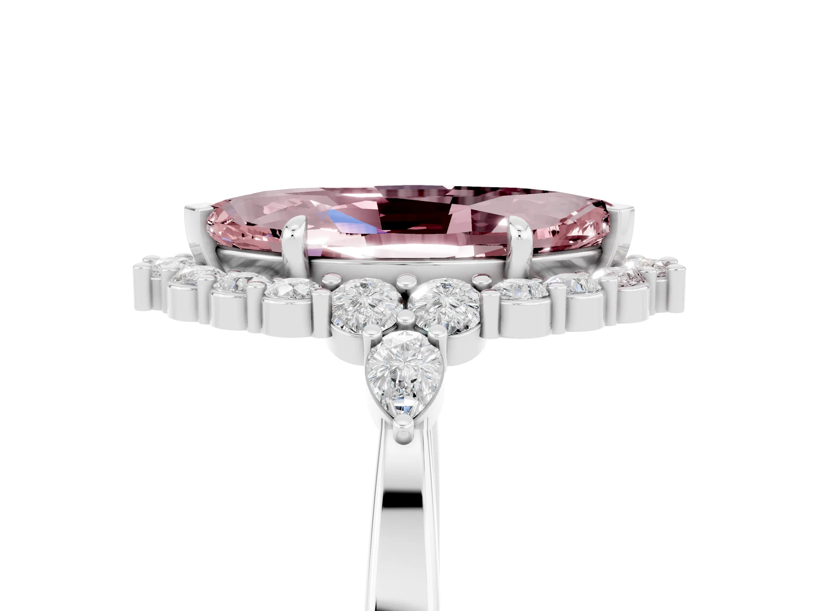 White gold Marquise Cut Morganite Halo Ring with Pear Side Stones and Prong Setting_35