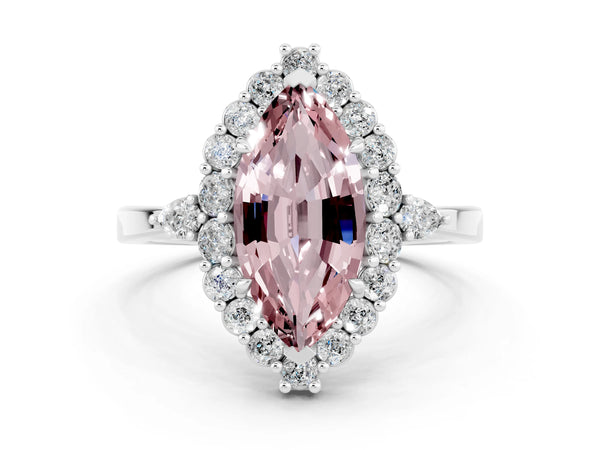 Platinum Marquise Cut Morganite Halo Ring with Pear Side Stones and Prong Setting