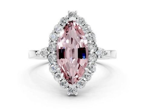 White gold Marquise Cut Morganite Halo Ring with Pear Side Stones and Prong Setting_36