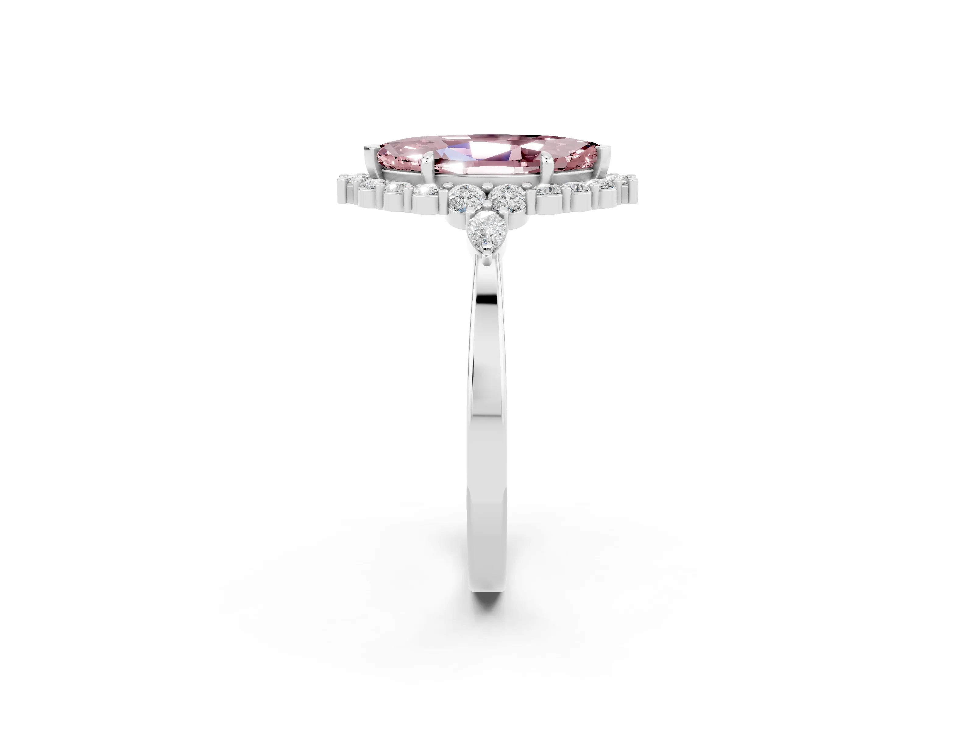 White gold Marquise Cut Morganite Halo Ring with Pear Side Stones and Prong Setting_38