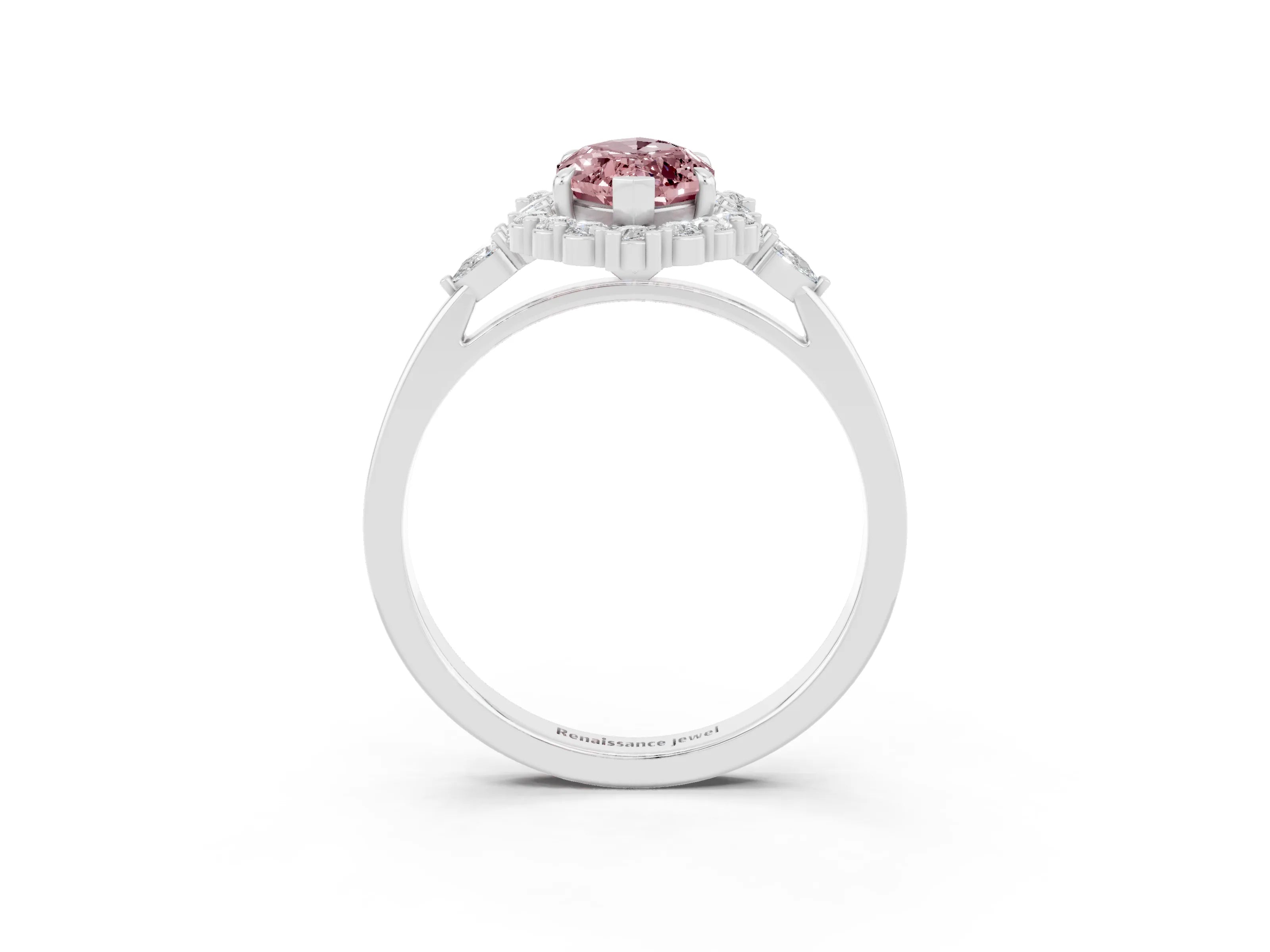 White gold Marquise Cut Morganite Halo Ring with Pear Side Stones and Prong Setting_39