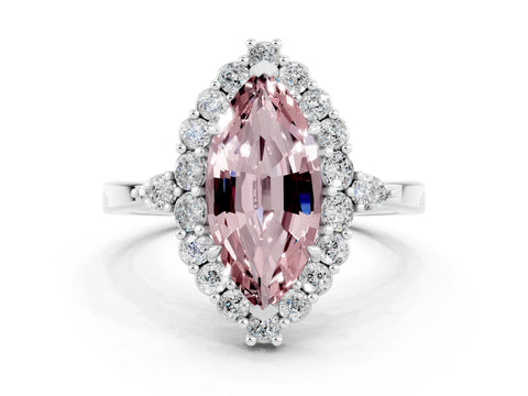 White gold Marquise Cut Morganite Halo Ring with Pear Side Stones and Prong Setting_46
