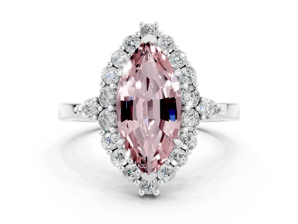 Platinum Marquise Cut Morganite Halo Ring with Pear Side Stones and Prong Setting