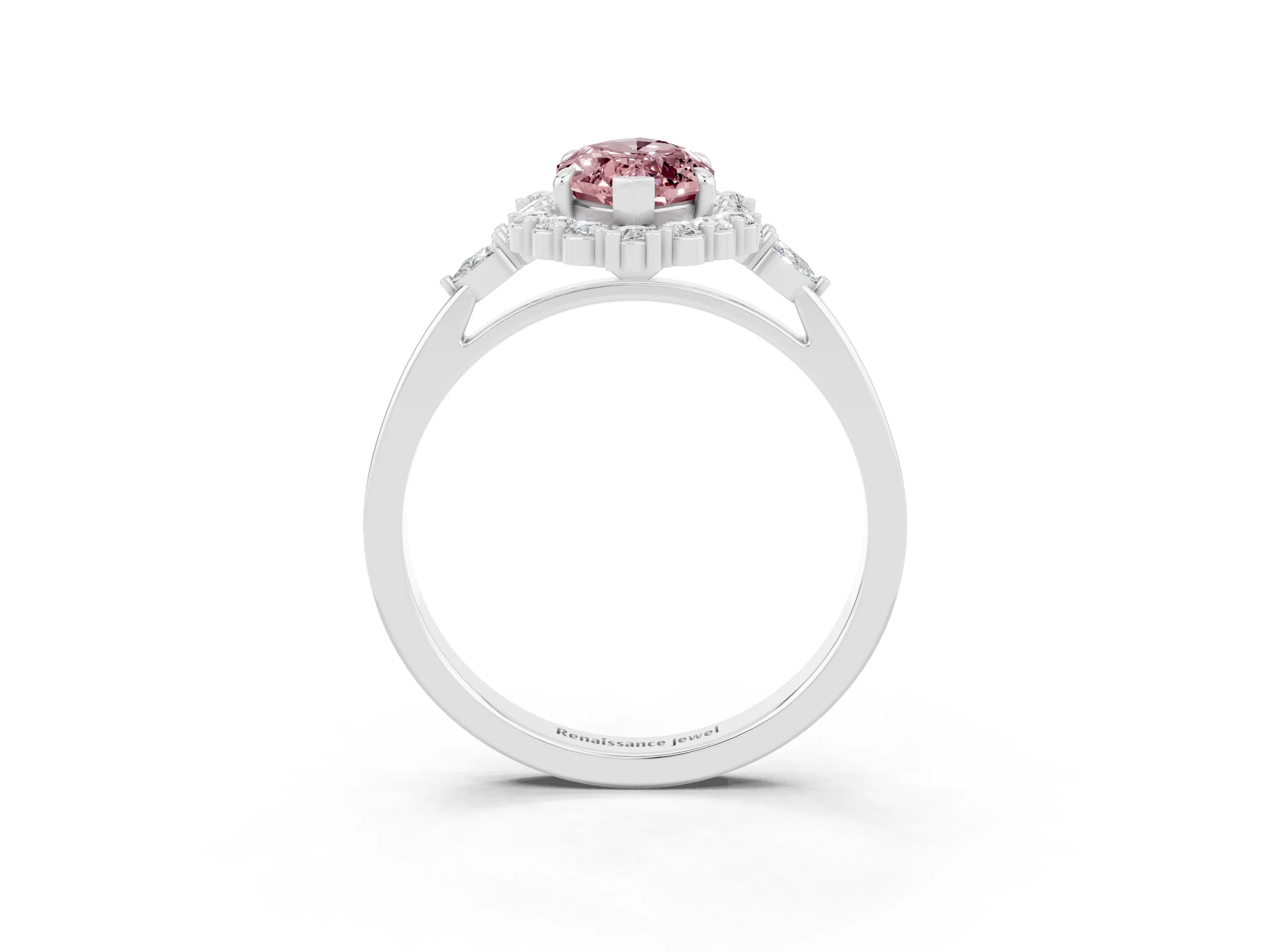 White gold Marquise Cut Morganite Halo Ring with Pear Side Stones and Prong Setting_51