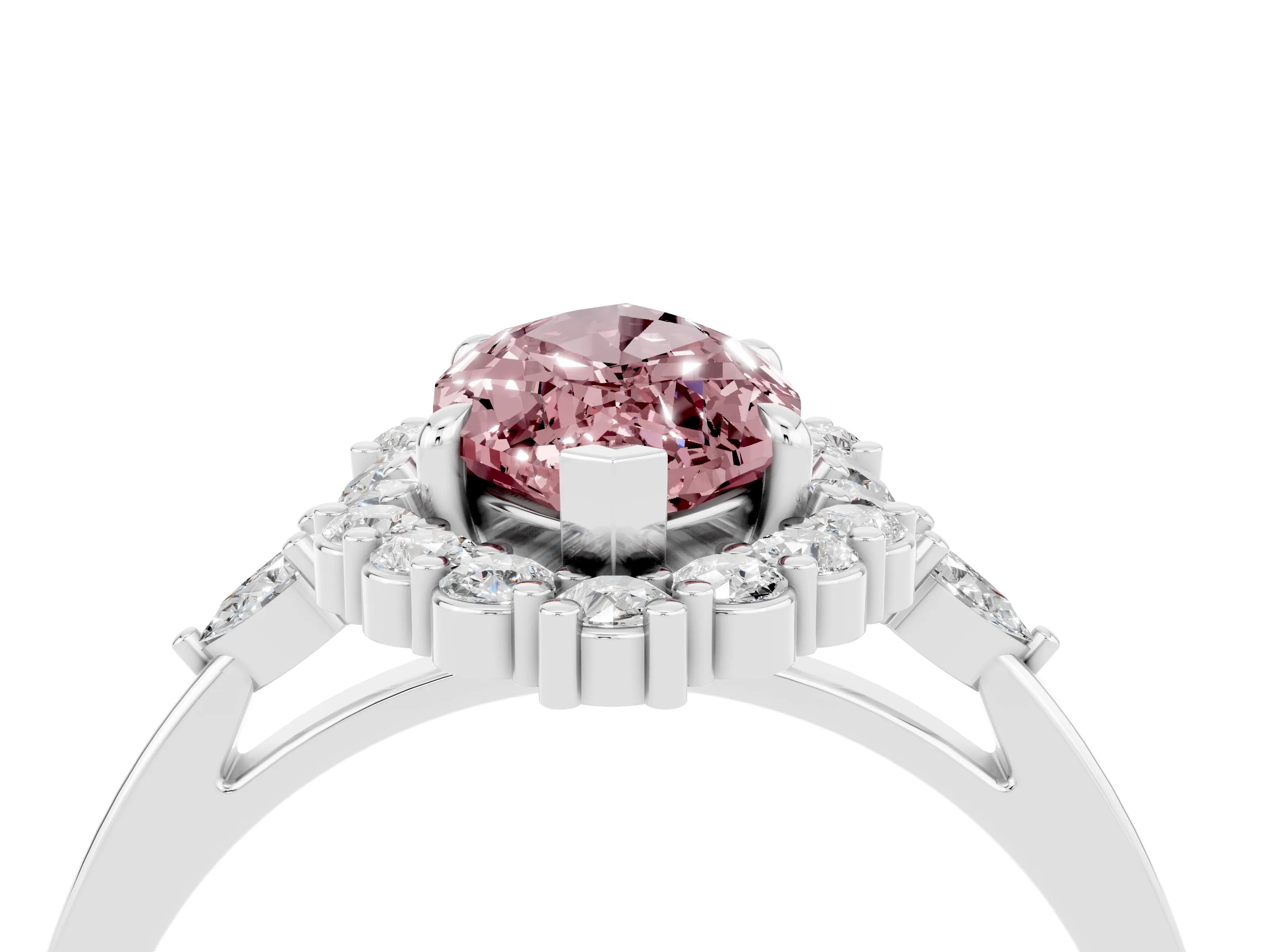 White gold Marquise Cut Morganite Halo Ring with Pear Side Stones and Prong Setting_52