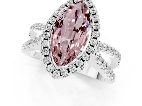 White gold Marquise Cut Morganite Halo Ring with Split Shank Pavé Band and Prong Setting_1
