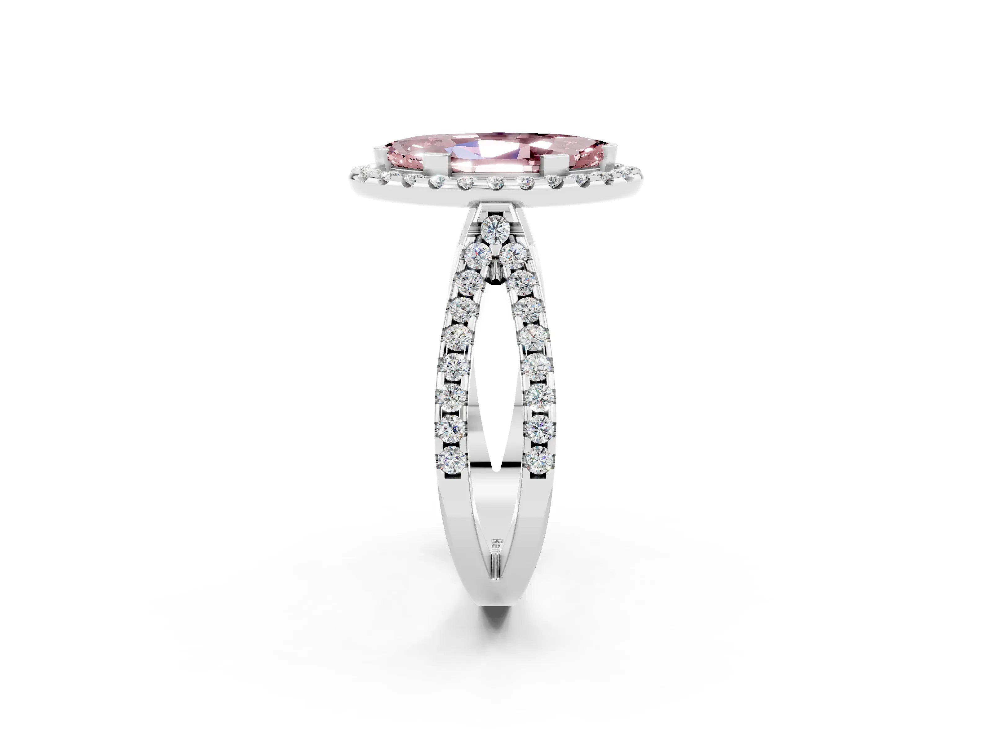 White gold Marquise Cut Morganite Halo Ring with Split Shank Pavé Band and Prong Setting_2