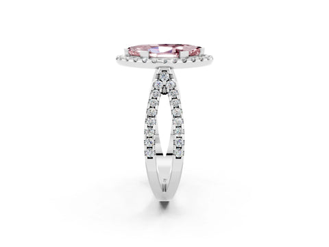 White gold Marquise Cut Morganite Halo Ring with Split Shank Pavé Band and Prong Setting_2