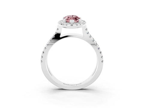 White gold Marquise Cut Morganite Halo Ring with Split Shank Pavé Band and Prong Setting_3