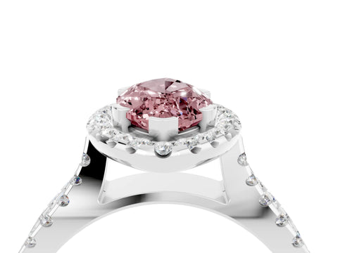 White gold Marquise Cut Morganite Halo Ring with Split Shank Pavé Band and Prong Setting_4
