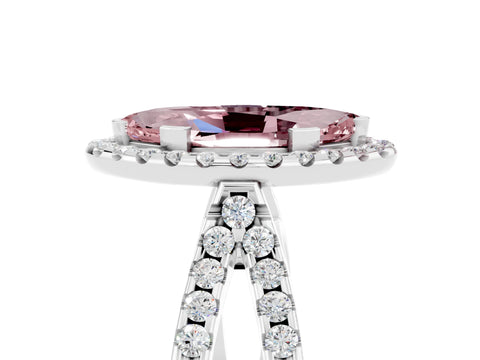 White gold Marquise Cut Morganite Halo Ring with Split Shank Pavé Band and Prong Setting_5