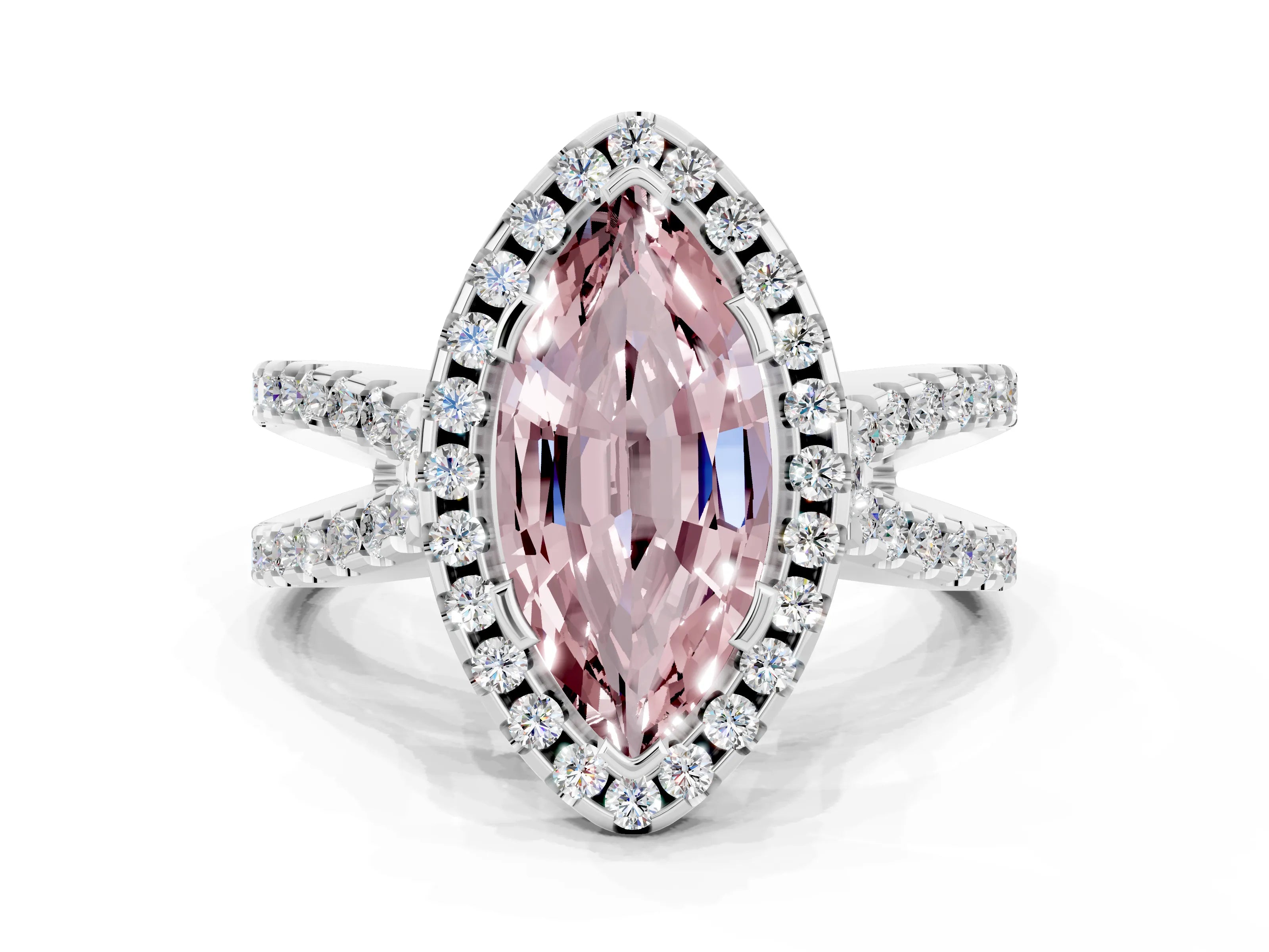 White gold Marquise Cut Morganite Halo Ring with Split Shank Pavé Band and Prong Setting